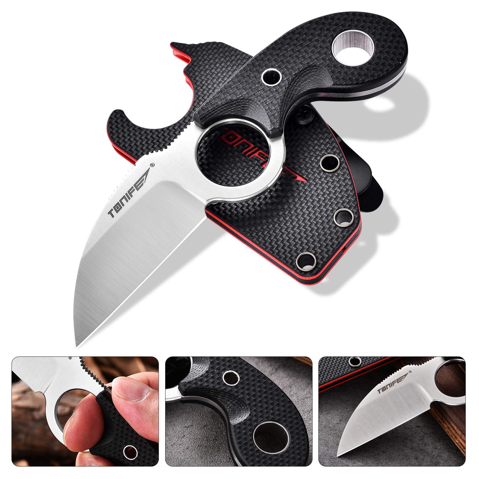TONIFE Crescent Cuchillo de Cuello Cuchillo al Aire Libre de Hoja Fija 8Cr14MoV Acero con Funda de Cordón y el Clip de Full Tang Cuchillo de Supervivencia (Negro+Satén)