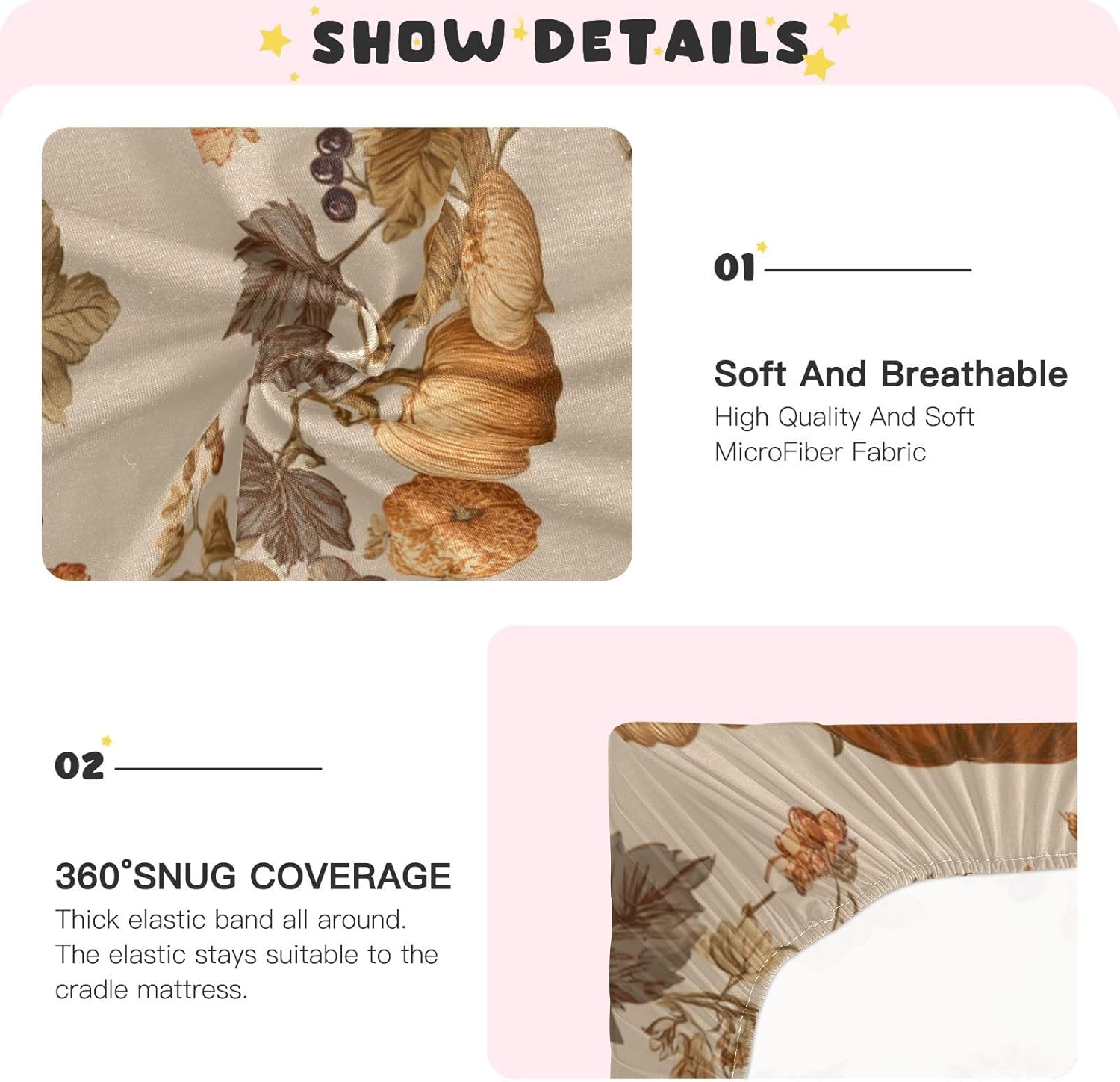 Crib Sheets Baby for Boys Girls Breathable Neutral Toddler Bed Sheets for Standard Size Toddler Mattress 39x27 Inch Thanksgiving Pumpkins Beige