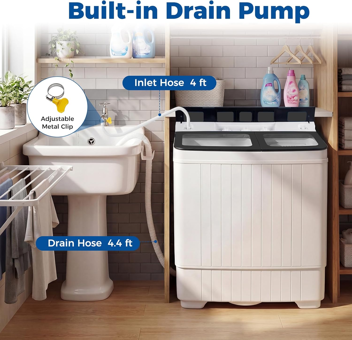 COSTWAY Portable Washing Machine, Twin Tub Lbs Capacity with Built-in Drain Pump, Lbs Washer and Lbs Spinner with Timer Control, Laundry Machine Perfect for Apartment Dorm RV (Grey+White,26 LBS)