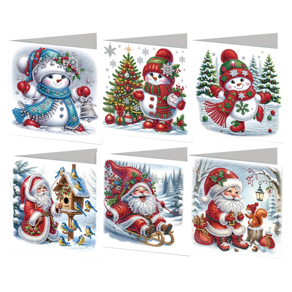 6 Pcs 5D DIY Christmas Diamond Painting Greeting Cards, Christmas Elements Diamond Art Cards, Round Drill Crystal Craft Card, Rhinestone Painting Card Kit for Family Friend Handmade Gift-21