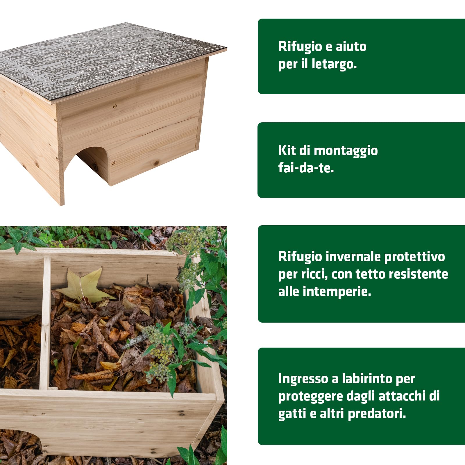 Gardigo® Casetta per Ricci - Kit in Legno | Tetto Resistente alle Intemperie | 48x29x38 cm | Riparo dai Predatori | Rifugio per Ricci per Giardino | Casetta per Piccoli Animali | Casetta Porcospini