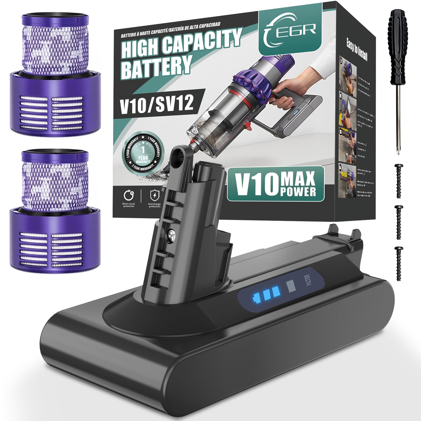 EGR V10 Battery Replacement for Dyson V10 Animal/Absolute/Fluffy/Motorhead/Cyclone Cordless SV12 Vacuum Cleaner Battery with 2 Filters [ Large Capacity ]