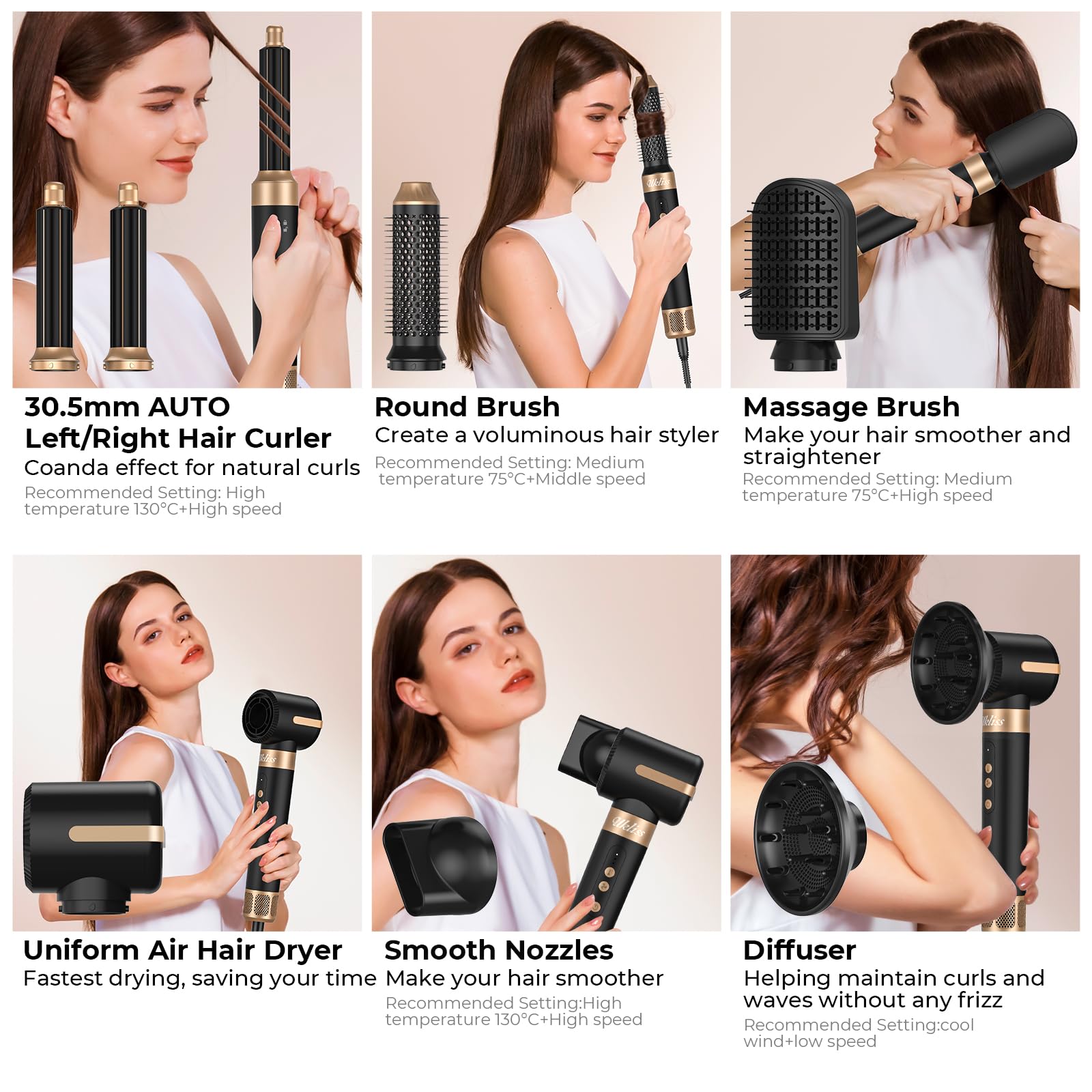 UKLISS Airstyler Multistyler 7 in 1, 1400 W, spazzola ad aria calda, asciugacapelli con 3 temperature, ferro arricciacapelli da 30 mm con aria, asciugacapelli con diffusore, spazzole per lo styling