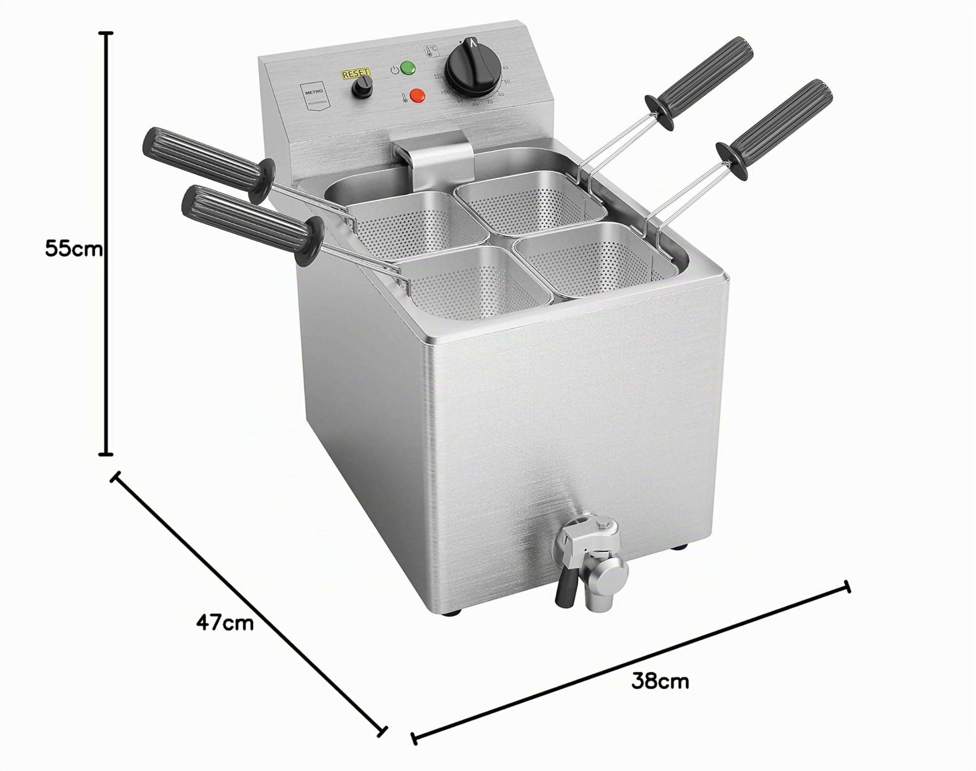 METRO Professional Cuocipasta Elettrico da Banco GNC1008, Acciaio Inox, 8 L, 4 Cestelli, 3150 W, con Rubinetto, Argento