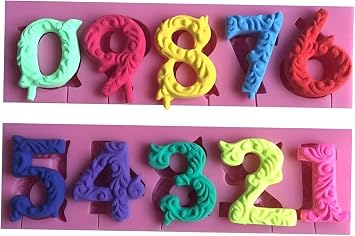 Wetco Silicone Fondant Molds 2 Pack 3D Embossed Silicone Number Molds 0-9 with Stick Hole for Cake Pops, Food Grade Fondant Chocolate Molds for Birthday Cake Candy Decorating DIY Baking