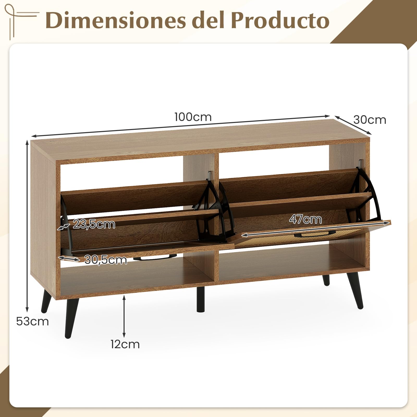COSTWAY Armario Zapatero, Mueble Zapatero de Ratán con 2 Cajones Abatibles, Superficie Amplia, Estantes Ajustables y Patas de Metal, Entrada Pasillo Recibidor, 100 x 30 x 53 cm