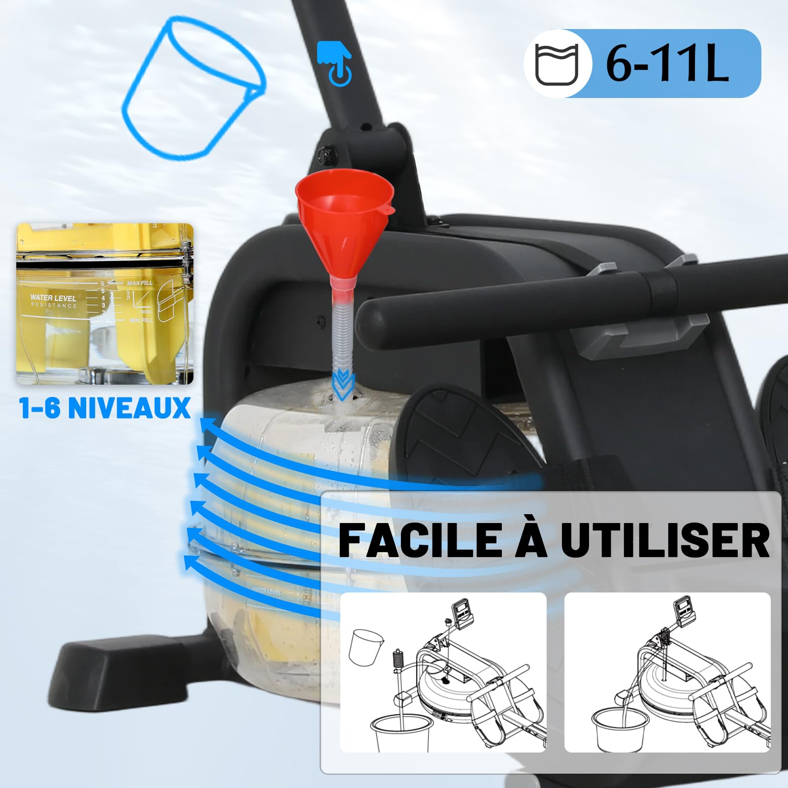 Rameur Eau d'Appartement Musculation avec Résistance Réglable, Multifonction Écran LCD, Support Tablette, Rameur a Eau Rails Lisses/Siège Confortable, Rameurs Ergonomie Capacité 135KG, Noir