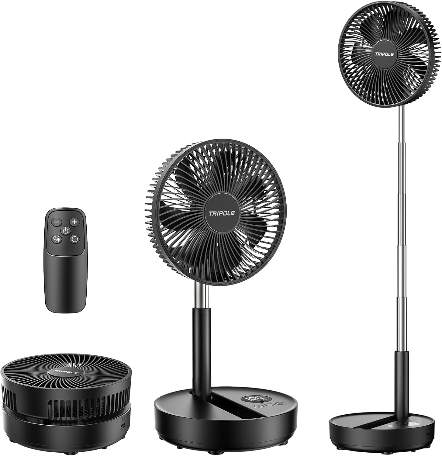 TriPole Portable Standing Fan, 8000mAh Rechargeable Oscillating Fan with Remote, 8.1'' Quiet Pedestal Floor Fan with LED Display & Timer, Foldable Small Desk Fans for Bedroom, Office, Camping, Travel Black
