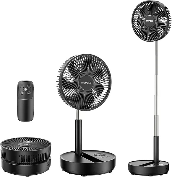 TriPole Portable Standing Fan, 8000mAh Rechargeable Oscillating Fan with Remote, 8.1'' Quiet Pedestal Floor Fan with LED Display & Timer, Foldable Small Desk Fans for Bedroom, Office, Camping, Travel
