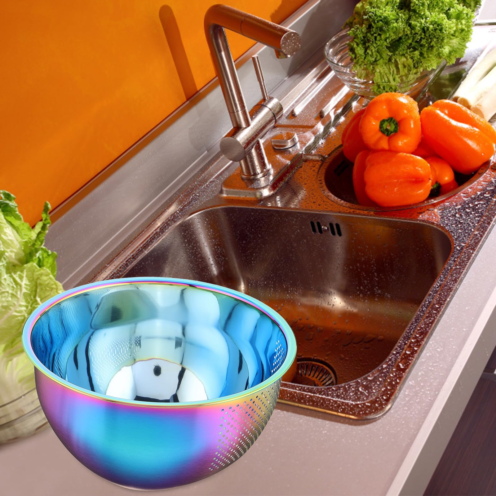 Colador Enjuagador de Arroz de Acero Inoxidable 304, Fondo Inclinado | Gran Capacidad, Drenaje y Limpieza Sencilla, Acabado Iridiscente Elegante para Cocina