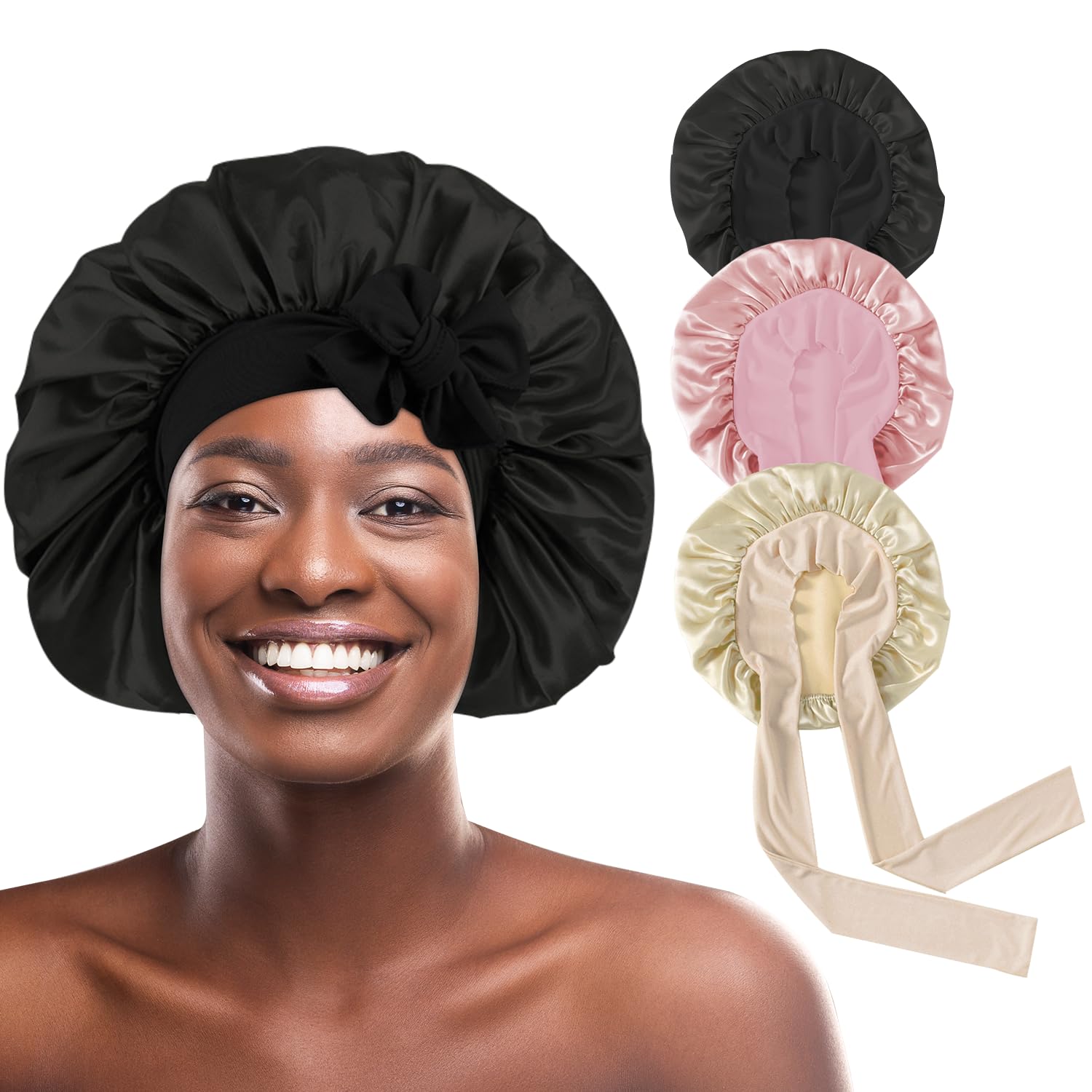 my novel things 3Pcs Satin Bonnet Silky Bonnet for Sleeping Women Adjustable Hair Bonnet Silky Sleep Cap with Ribbon for Women Natural & Curly Hair,