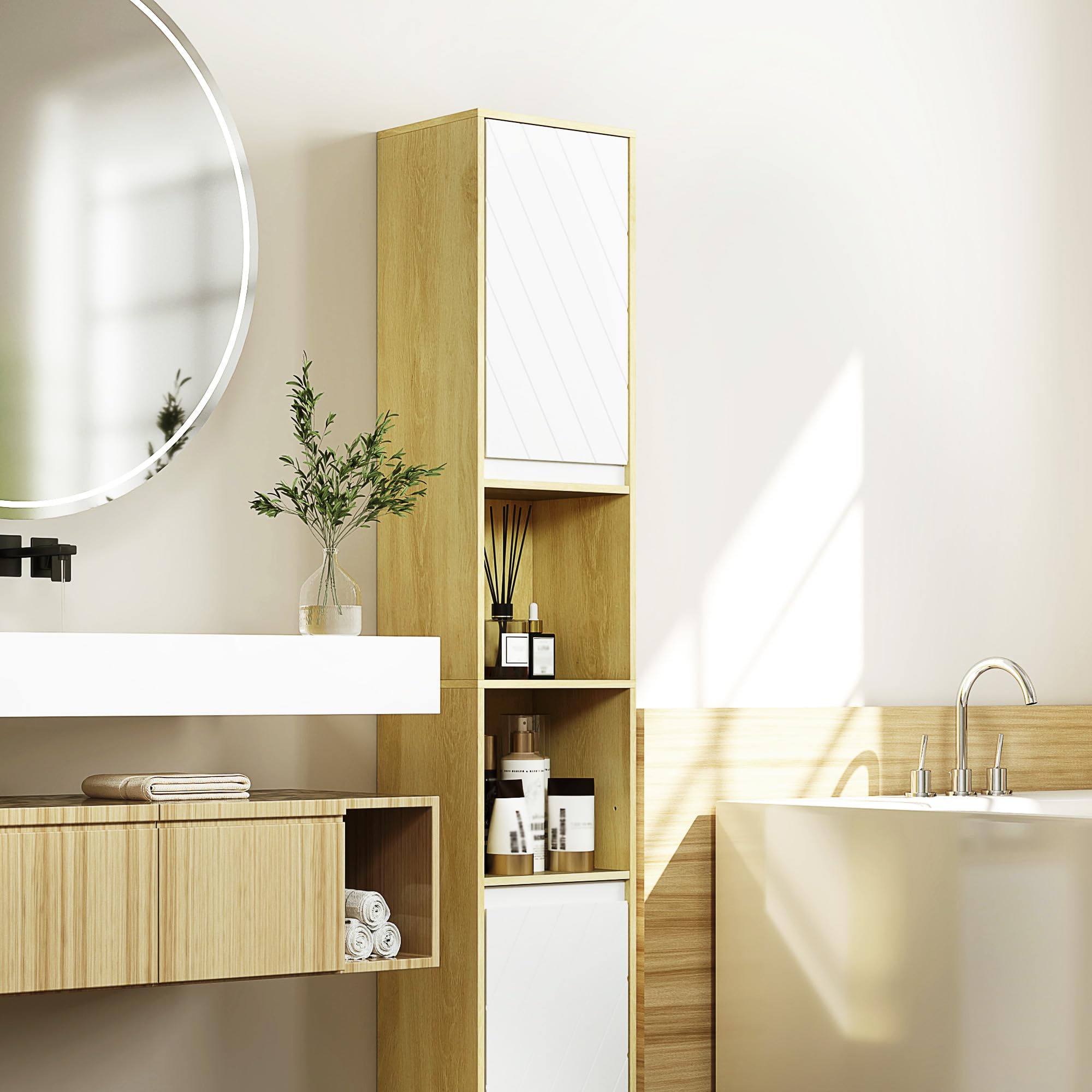 HOMCOM Mobiletto Salvaspazio per Bagno in Legno, Mobile da Bagno con 2 Armadietti e Ripiani Regolabili, Design a Colonna, 30x24x170 cm, Rovere e Bianco