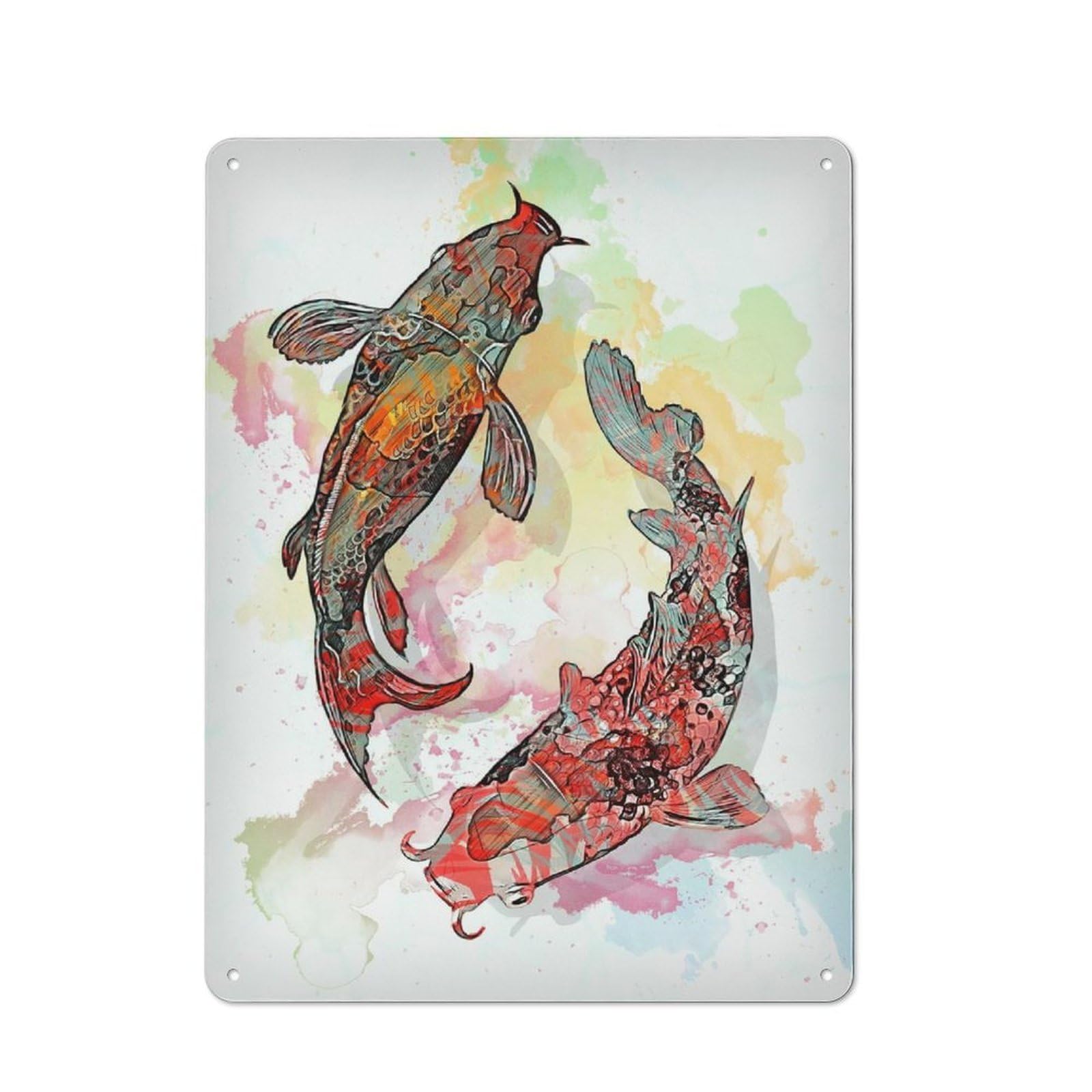 Koi Fishes Cottage Style Metal Wall Decor 40x30cm, Decorative Tin Sign for Cottage, Kitchen, Hallway Or Breakfast Nook