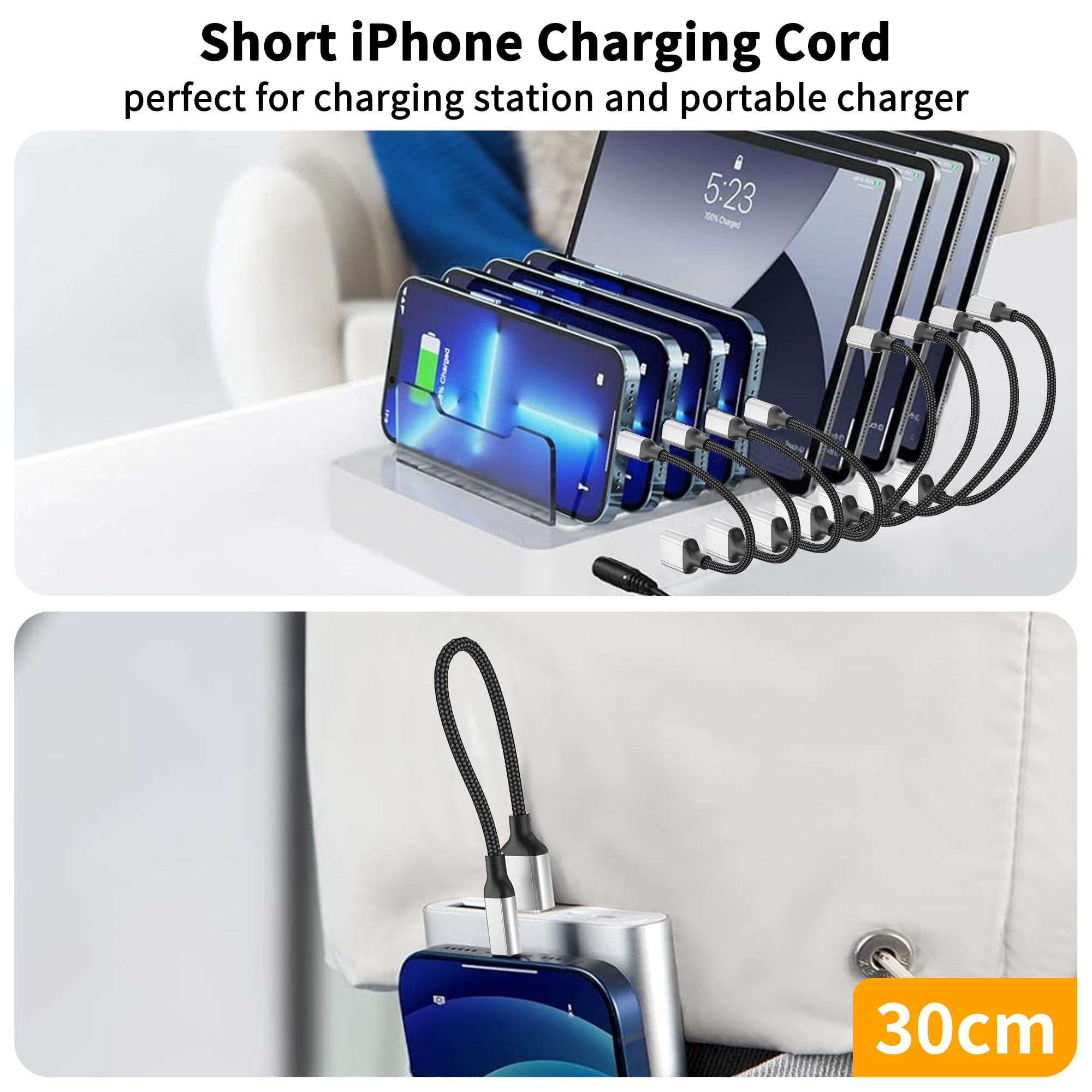 Acecene Cavo USB da 30 cm verso Lightning corto, 3 confezioni certificato MFi cavo di ricarica USB per iPhone Cavo di ricarica rapida Carplay compatibile con iPhone 14 13 12 11 Pro Max X XS XR 8 7 6