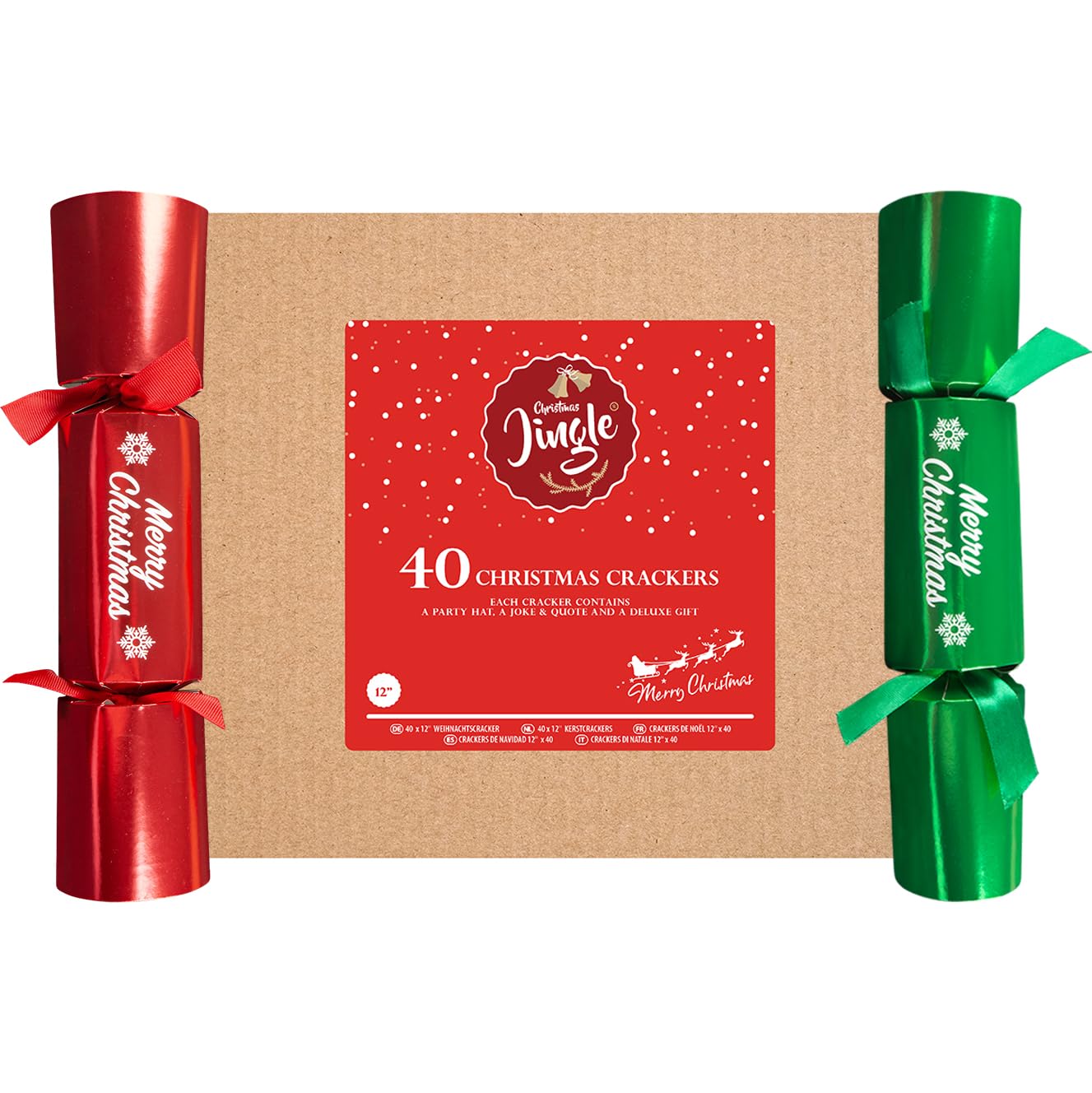 abeec Catering Christmas Crackers 40 Pack | Red & Green Bulk 12" Crackers | Ideal for Restaurants, Hotels, Schools & Events | Each Cracker with Hat, Joke & Gift | Value Catering Supplies