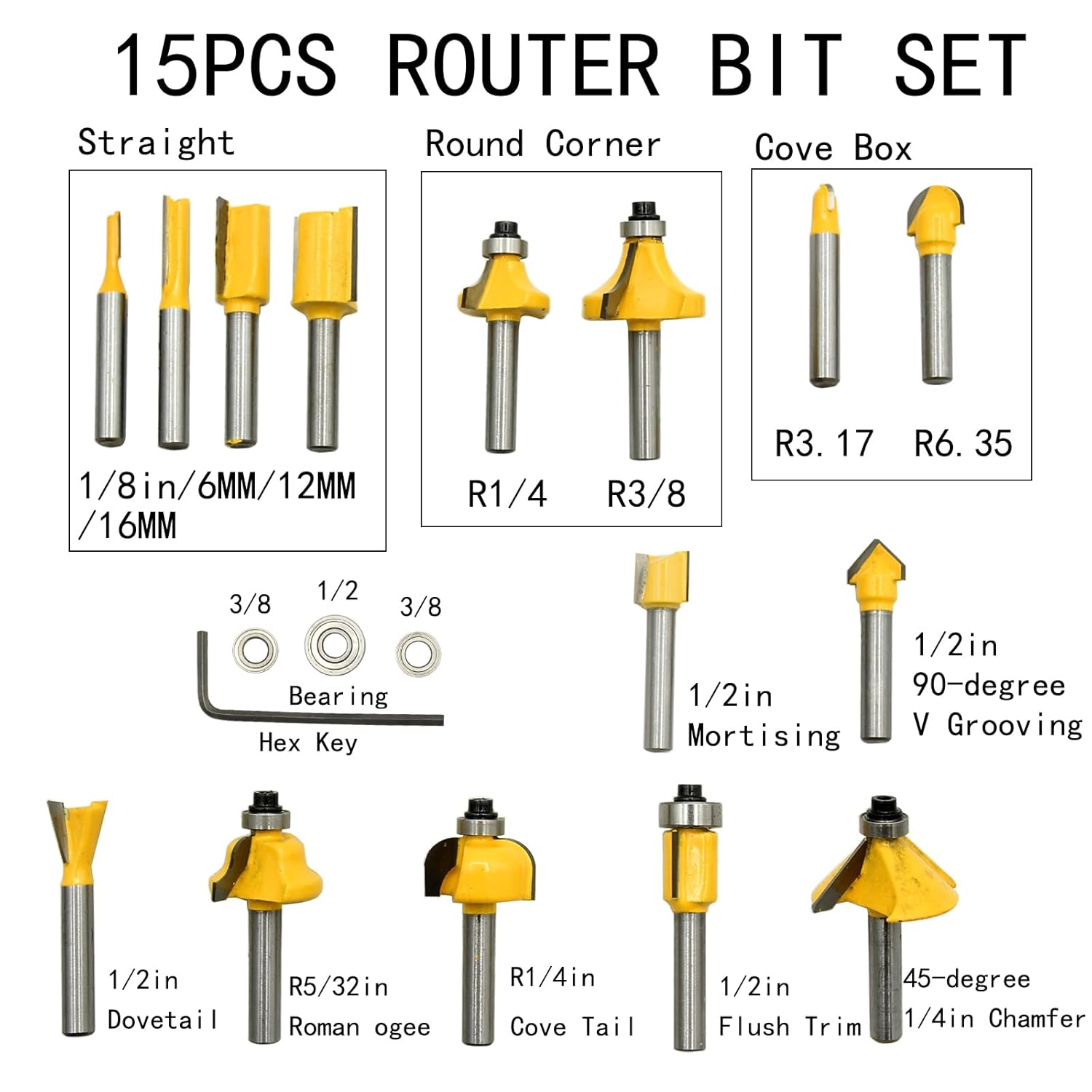 Router Bits Set of 15 Pieces 1/4 Inch Woodwork Tools for Beginner Router Bit Kit for DIY,High Grade Yellow 2 Router Bits Set of 15 Pieces 1/4 Inch Woodwork Tools for Beginner Router Bit Kit for DIY,High Grade Yellow