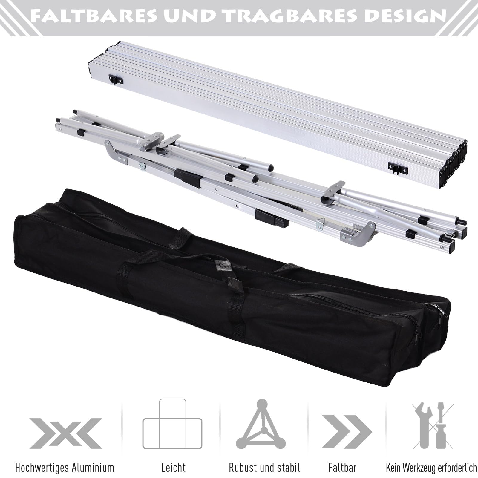 Outsunny Picknick Klapptisch, Falttisch, Höhenverstellbarer Campingtisch, Inkl. Tragetasche, Aluminium, Silber, 120 x 70 x 58-73 cm