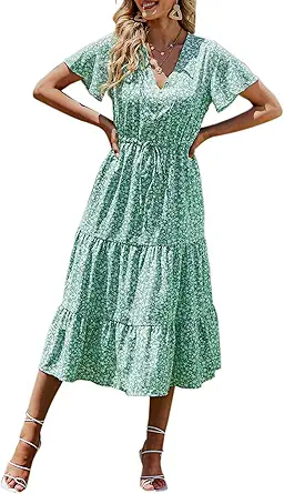 PRETTYGARDEN Summer Floral Dress for Women 2025 Casual Boho Short Sleeve Maxi Dresses V Neck Tiered Flowy Beach Sundress