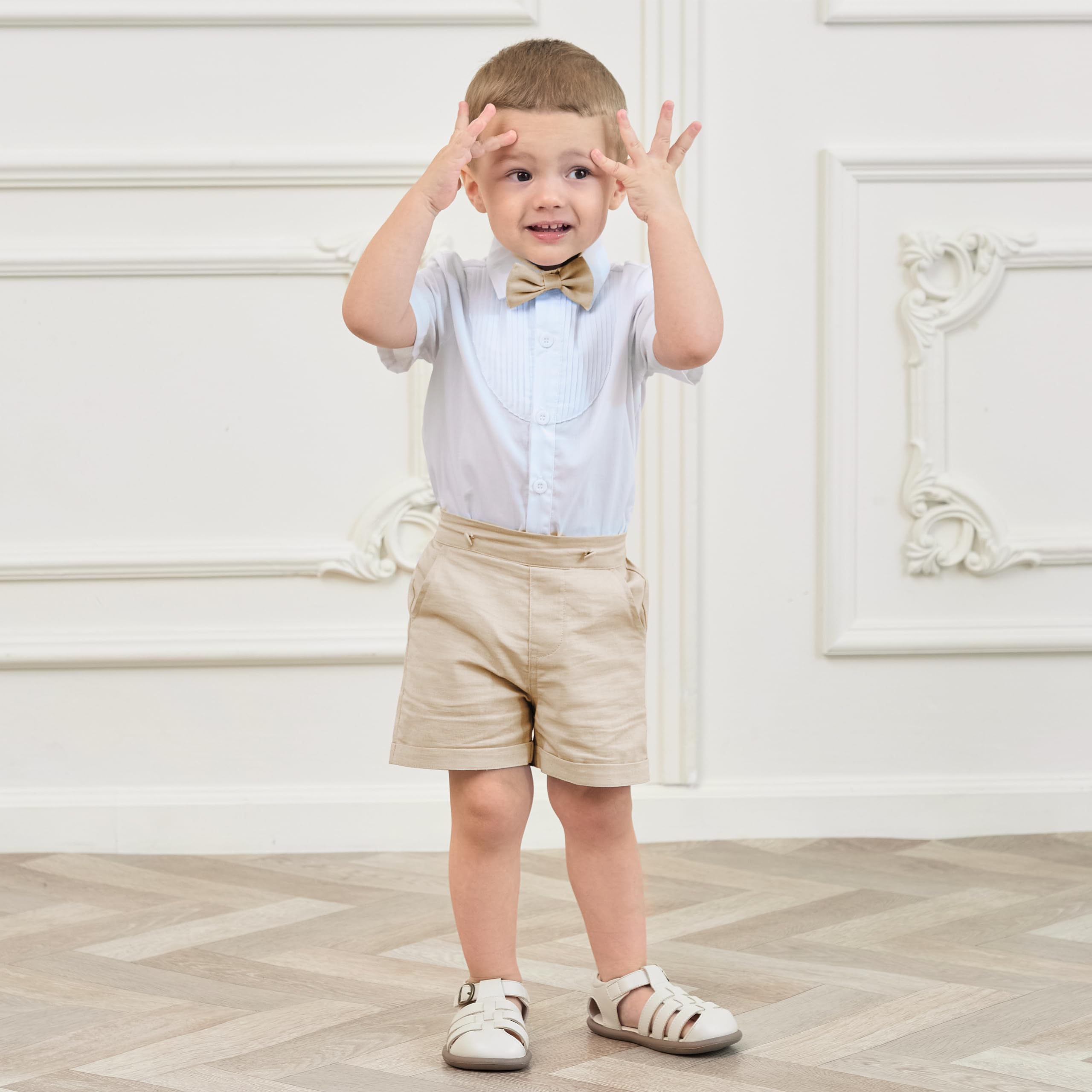 Volunboy Short à Bretelles pour Bébé Garçon, Short D'été Lin avec Bretelles et Nœud Papillon, 3 Pièces