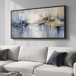 Framed Extra Large Blue Abstract Wall Art for Living Room, Modern Canvas...