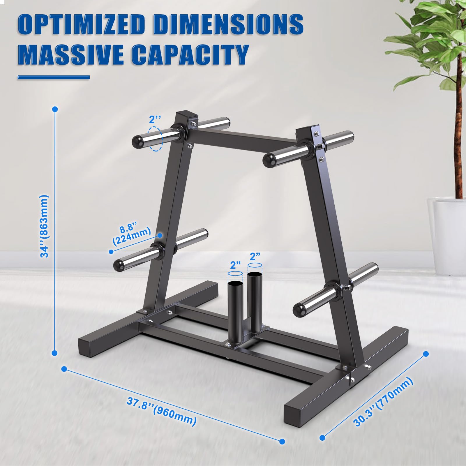 Kipika Gewichtsscheibenständer, Halter für 5 cm Olympia-Scheiben & 2 Langhantelhalter, robuster Bumper-Platten-Organizer für Heim-Fitnessstudio mit optionalen Rollen (A-Schwarz, ohne Rollen, 360 kg)