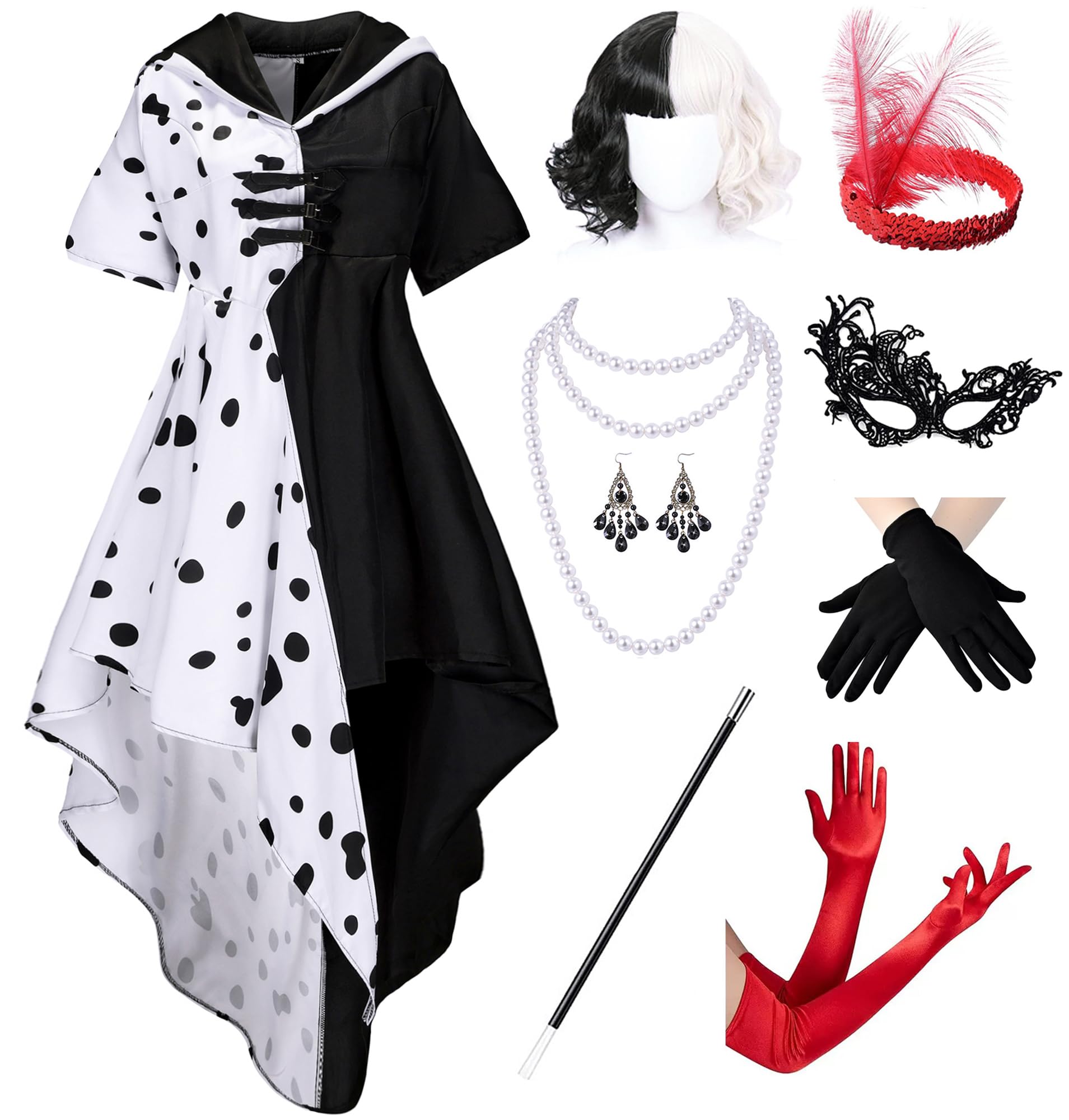 13Pcs/9Pcs Women's Dalmatian Black and White Costume Dress with Wig Gloves Accessories Party Outfit