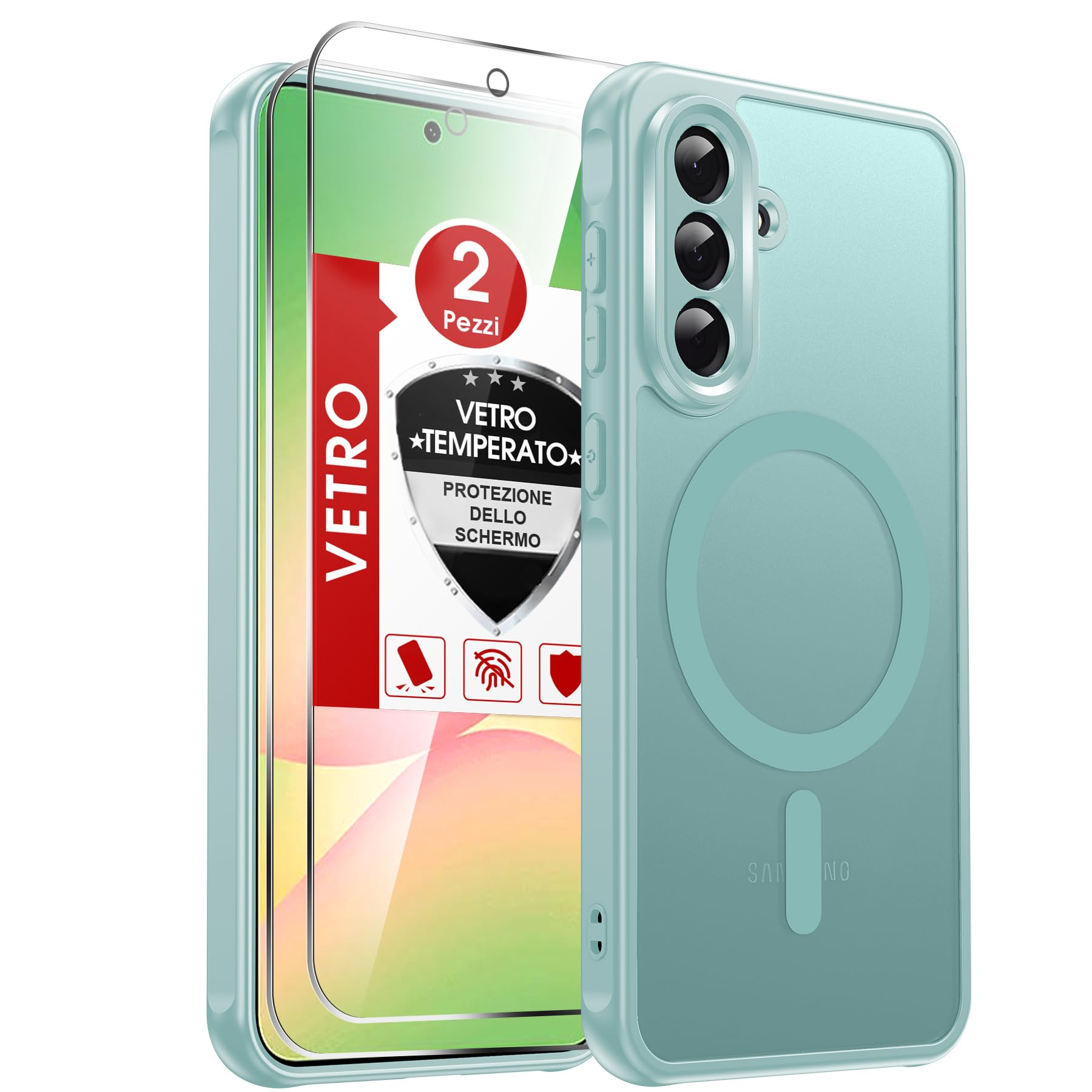 LeYi Cover Magnetica per Samsung Galaxy A56 5G con 2 Pezzi Vetro Temperato, Custodia per A 56 Traslucida Opaca Anti-Impronte Resistente ai Graffi Paraurti in TPU Antiurto Protettiva Case, Verde chiaro