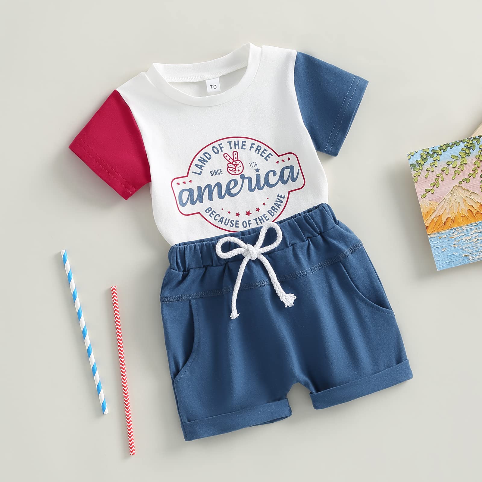 Saliuentm Toddler Baby Boy 4th of July Outfit Letter Short Sleeve T-Shirt Top Shorts Sets Cute American Flag Summer Clothes (AH-White,18-24 Months)