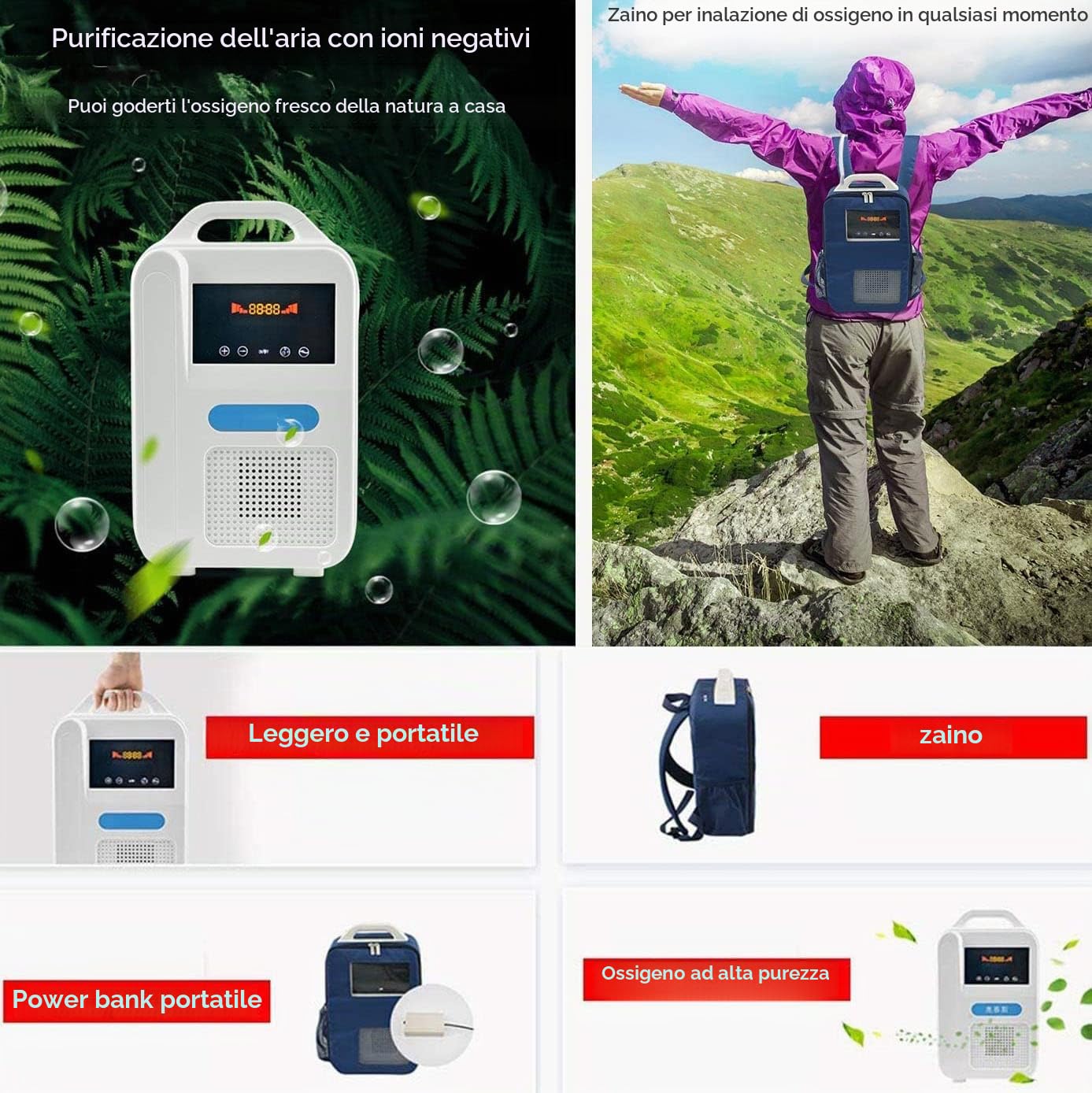 Concentratore di Ossigeno, Macchina per Ossigeno Ricaricabile Portatile, con Funzione nebulizzatore, per Uso Domestico e in Auto da Viaggio, con Batteria Ricaricabile Rimovibile