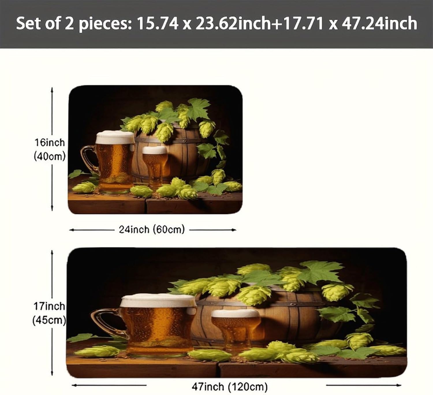 Beer and Hop Cones Kitchen Mat Washable Non Slip Rugs Soft Kitchen Mats for Floor Set of 2 PCS Cushioned Absorbent Runner Standing Rugs for Home Sink Laundry Office