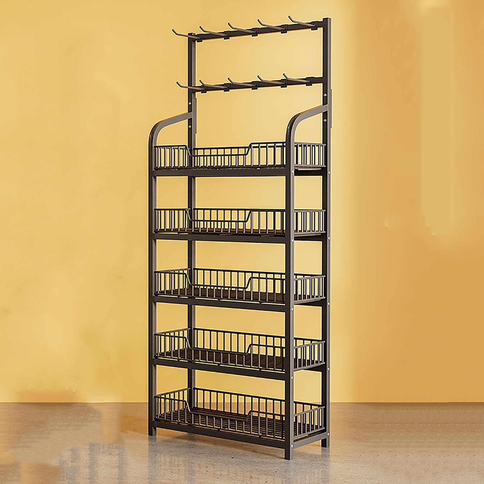 Verkaufsregal, 4-stöckig, schwarz, für Süßwaren und Snacks, Metallregal, Organiz, Metallregal, Organizer für Snacks, Ständer für Snacks/Obst/Werkzeuge (Schwarz, 5-stöckig – 60 x 27 x 166 cm)