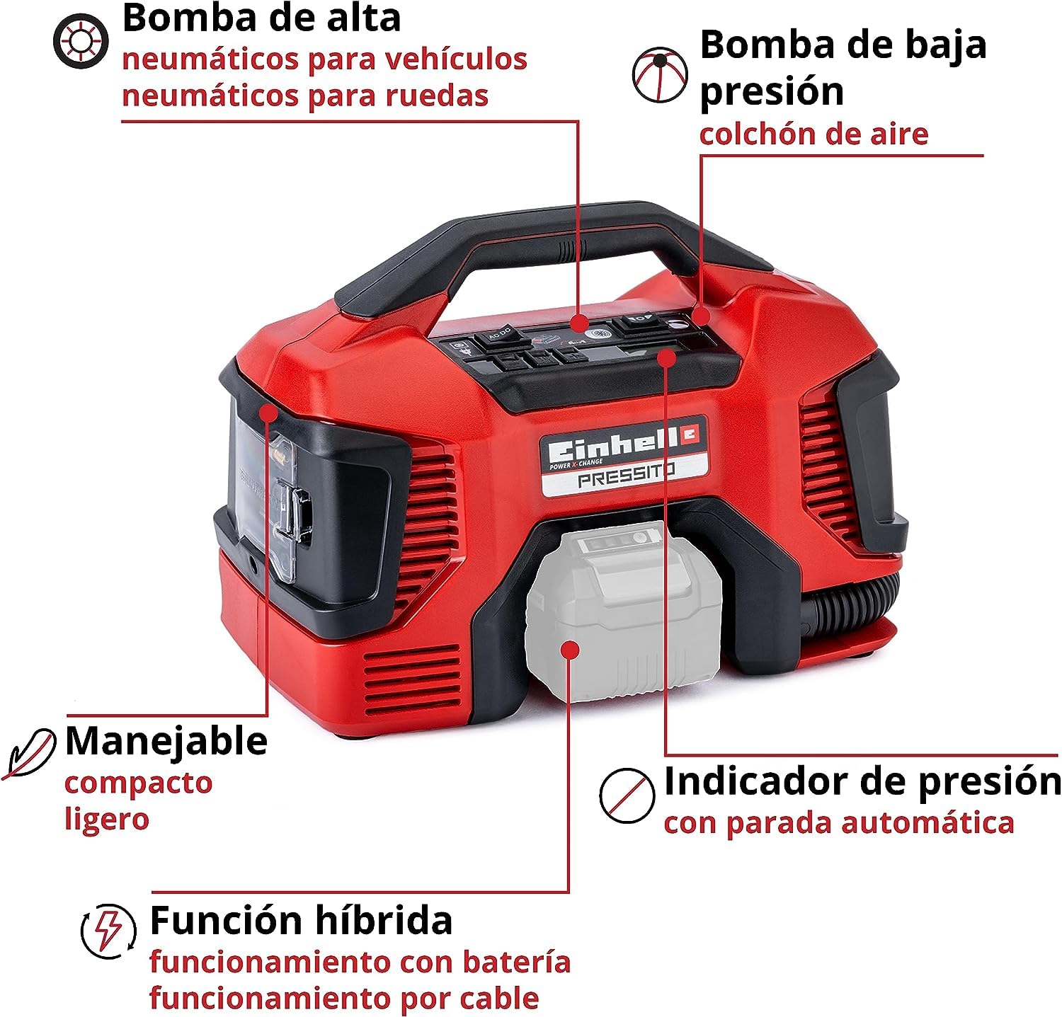 Einhell Compresor híbrido Pressito Power X-Change (18 V, con cable de corriente o batería recargable, incluye conjunto de inflado de 3 piezas, sin batería ni cargador)