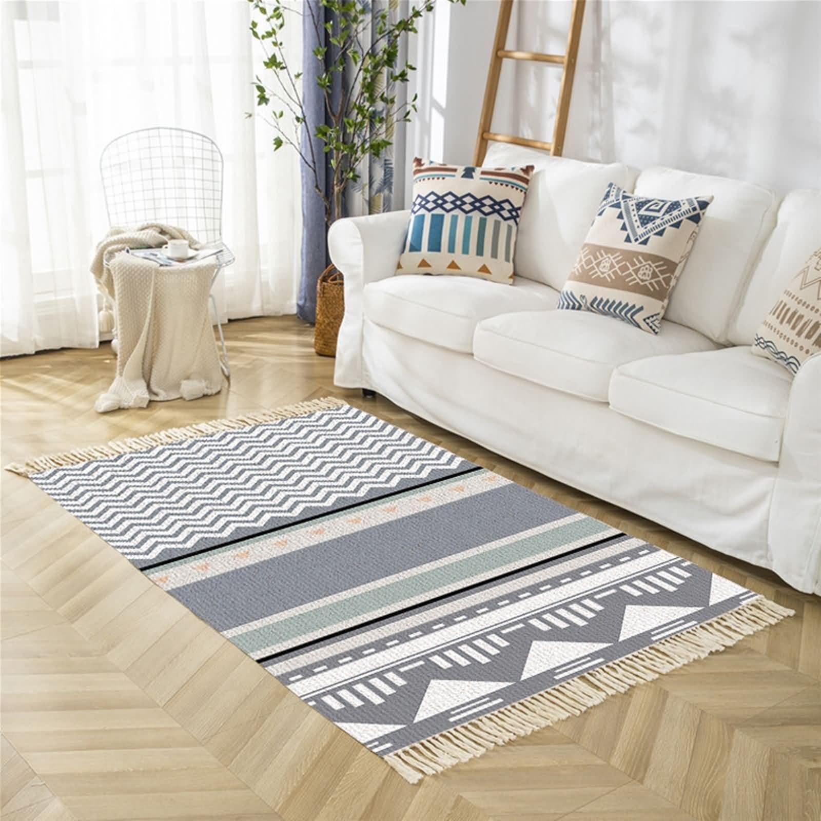 Tapis Gris Salon 60X90cm, Tapis Moderne Chambre Rectangulaire Motif Géométrique avec Pompons Coton Lin