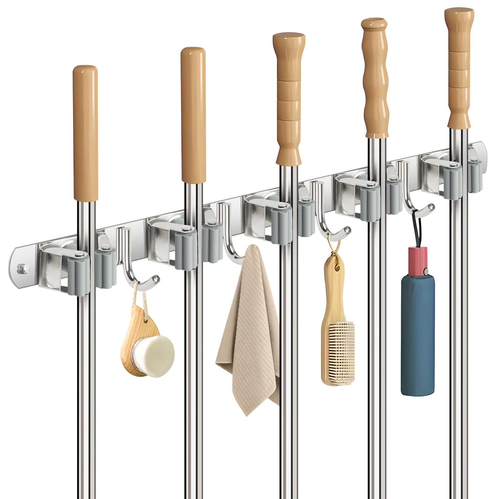 Porta Scope In Acciaio Inox, Appendi Scope con Ganci per Cucina, Bagno, Garage