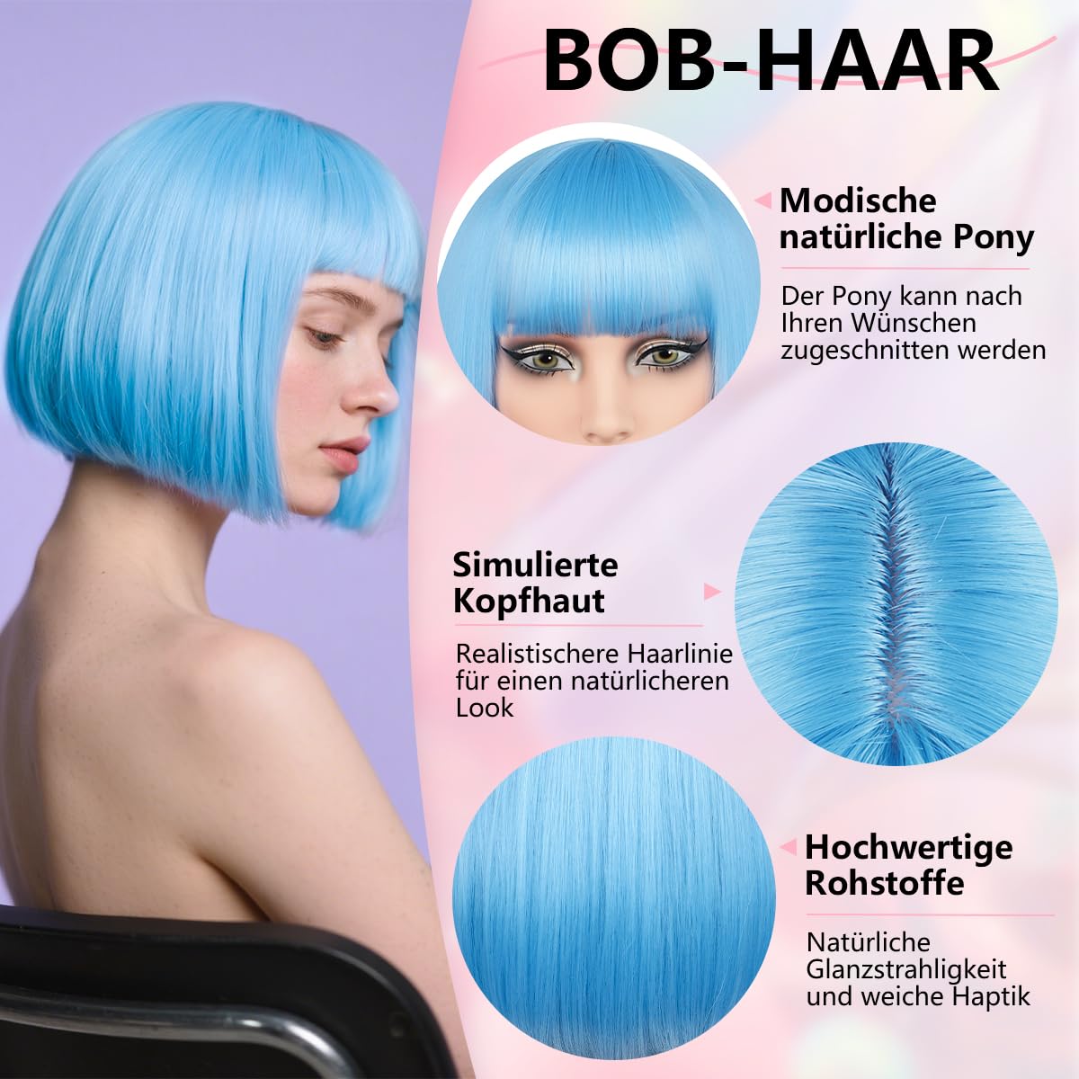 JIAMEISI Short Bob Wig 12" Straight Bob Wigs with Bangs Colourful Heat Resistant Synthetic Fiber Cosplay Christmas Halloween Wig for Women Girls Party Daily Use (Baby Blue) - Image 3