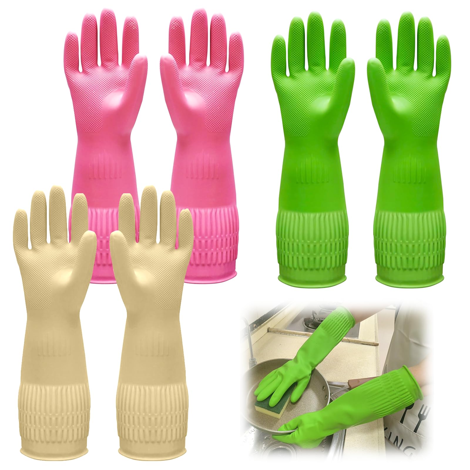 KINGFINGER Guanti per la pulizia in gomma senza lattice, 2 paia di guanti per lavare i piatti, guanti lunghi e foderati in floccato, taglia M