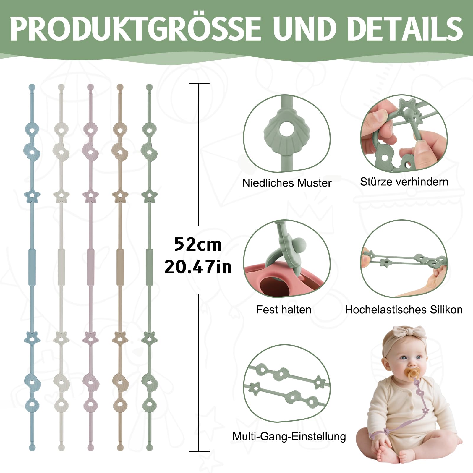 DOUUCO Lot de 5 attache-tétines en silicone avec clip réglable - Chaîne de poussette - Sans BPA - Accessoires de poussette, chaises hautes, biberons - 2