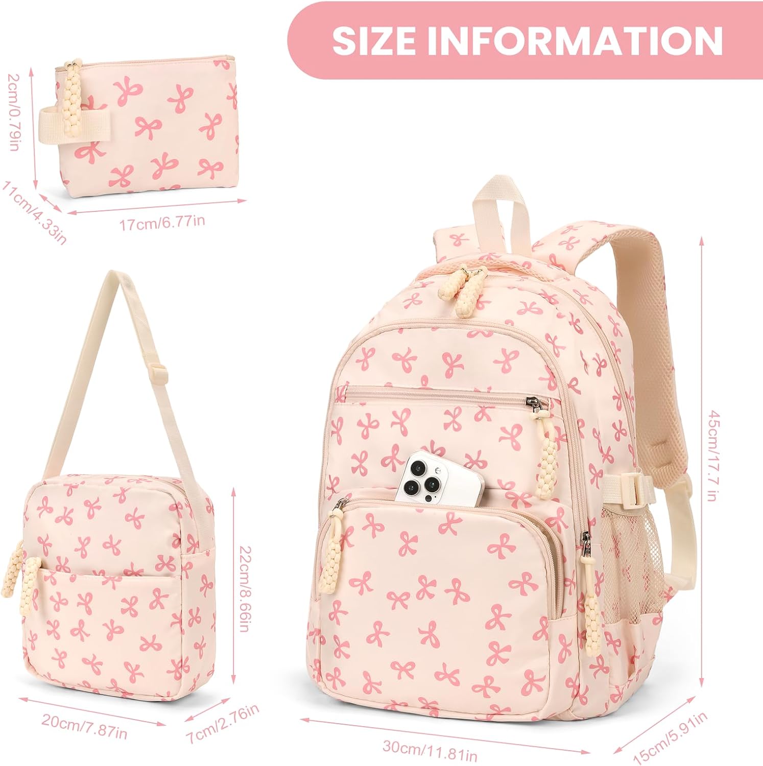 Bow Backpack for Women Coquette Aesthetic Nylon Rucksack Cute Kawaii Backpack 3Pcs Set With Bow Pattern - Image 7