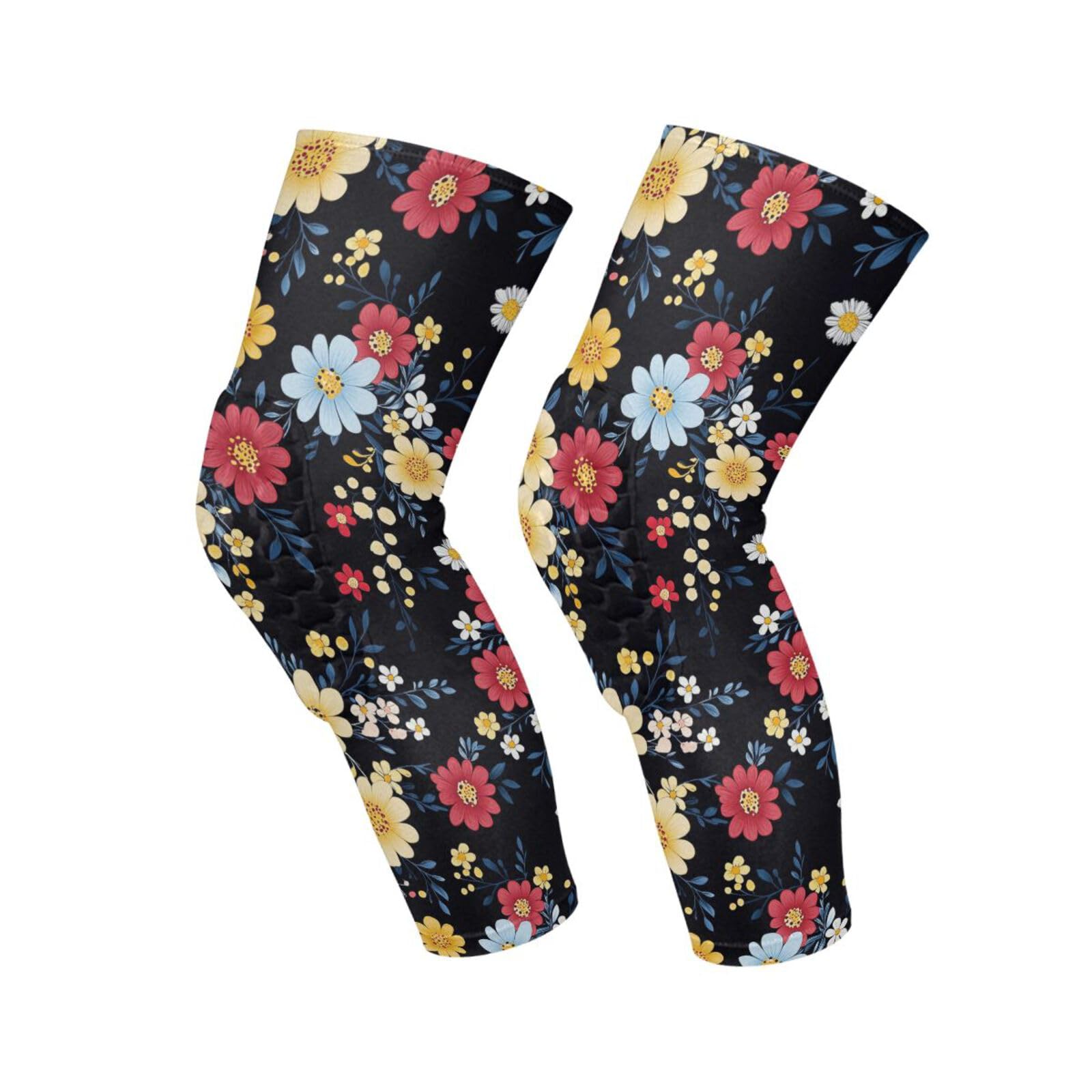 JUNZAN Colorful Floral Black Basketball Knee Pads for Youth Kids Wrestling Knee Pads with Sleeves Sport Kneepads for Volleyball Football