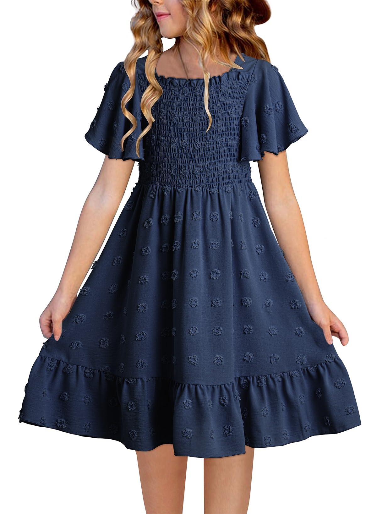 blibean Girls Summer Dresses Kids Polka Dot Smocked Dress Size 6-15 Years