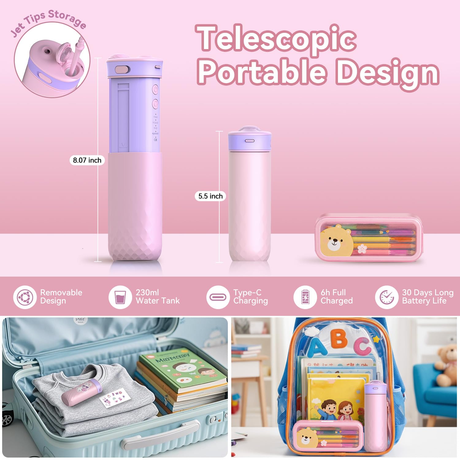 JTF Irrigador dental de agua para niños: irrigador oral portátil recargable con 4 modos de hilo dental de 230 ml, tanque de 4 puntas, bolsa de viaje, calcomanías impermeables, hilo dental eléctrico