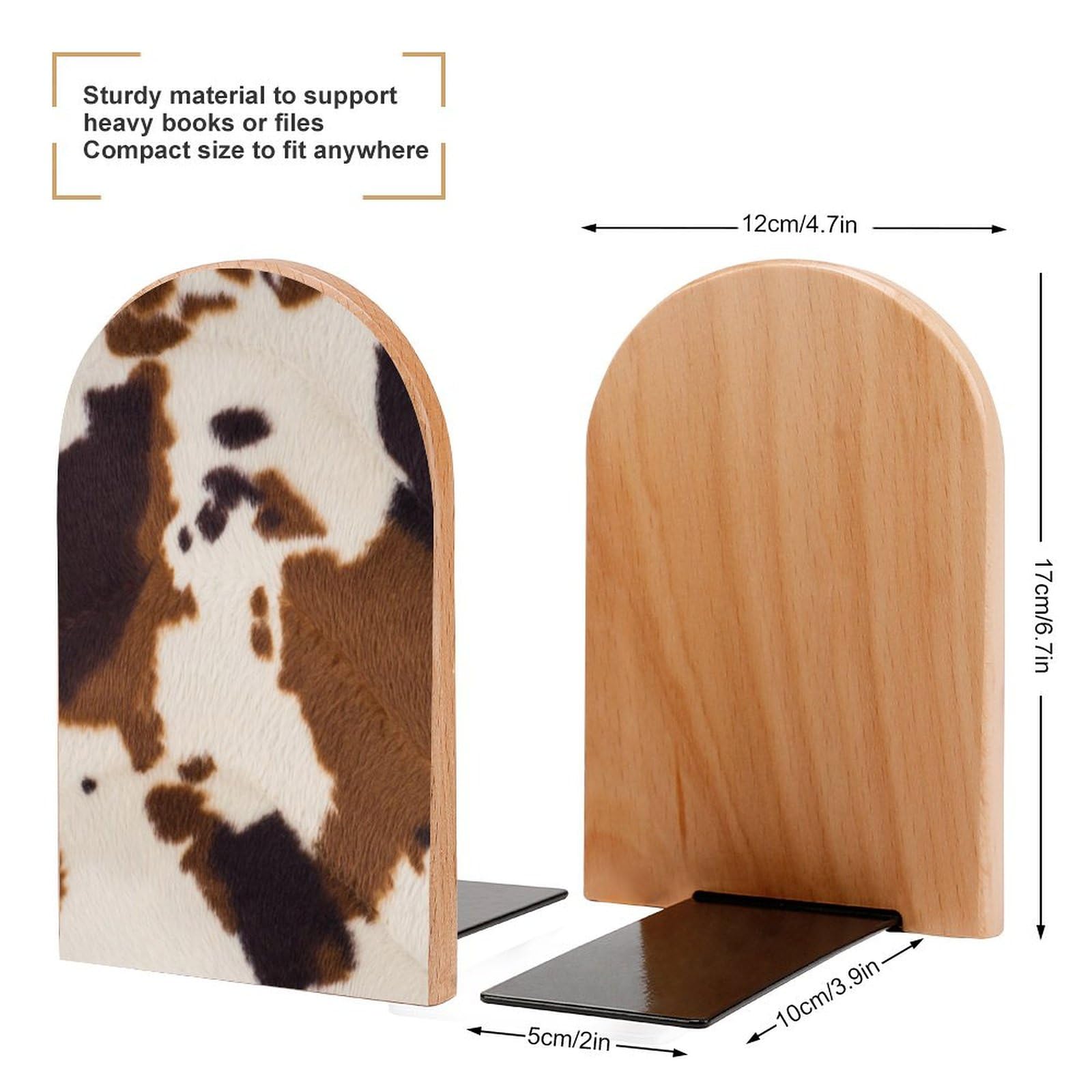 Velumair Western Cow Print Bookends for Shelves Decorative Book Ends to Hold Books 2 PCS Farm Animal Skin Wooden Bookends Non-Skid Book Stoppers 6.7