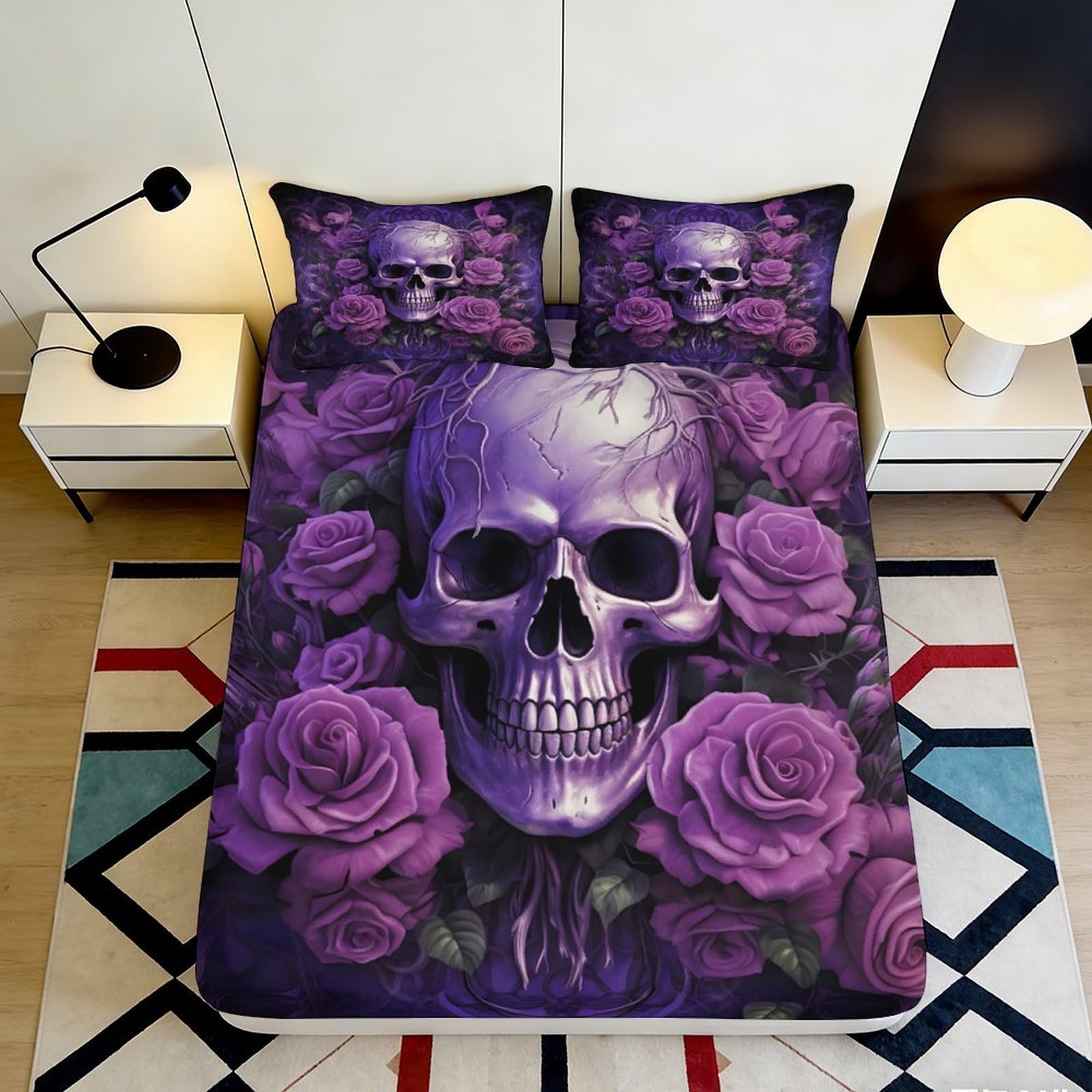 Qjzxknhpgr Style-7 3D Printed Purple Skull Fitted Sheet Microfiber Non Slip Rose Bed Cover For Bedroom Guest Room Mattress Protection 90X200x25cm