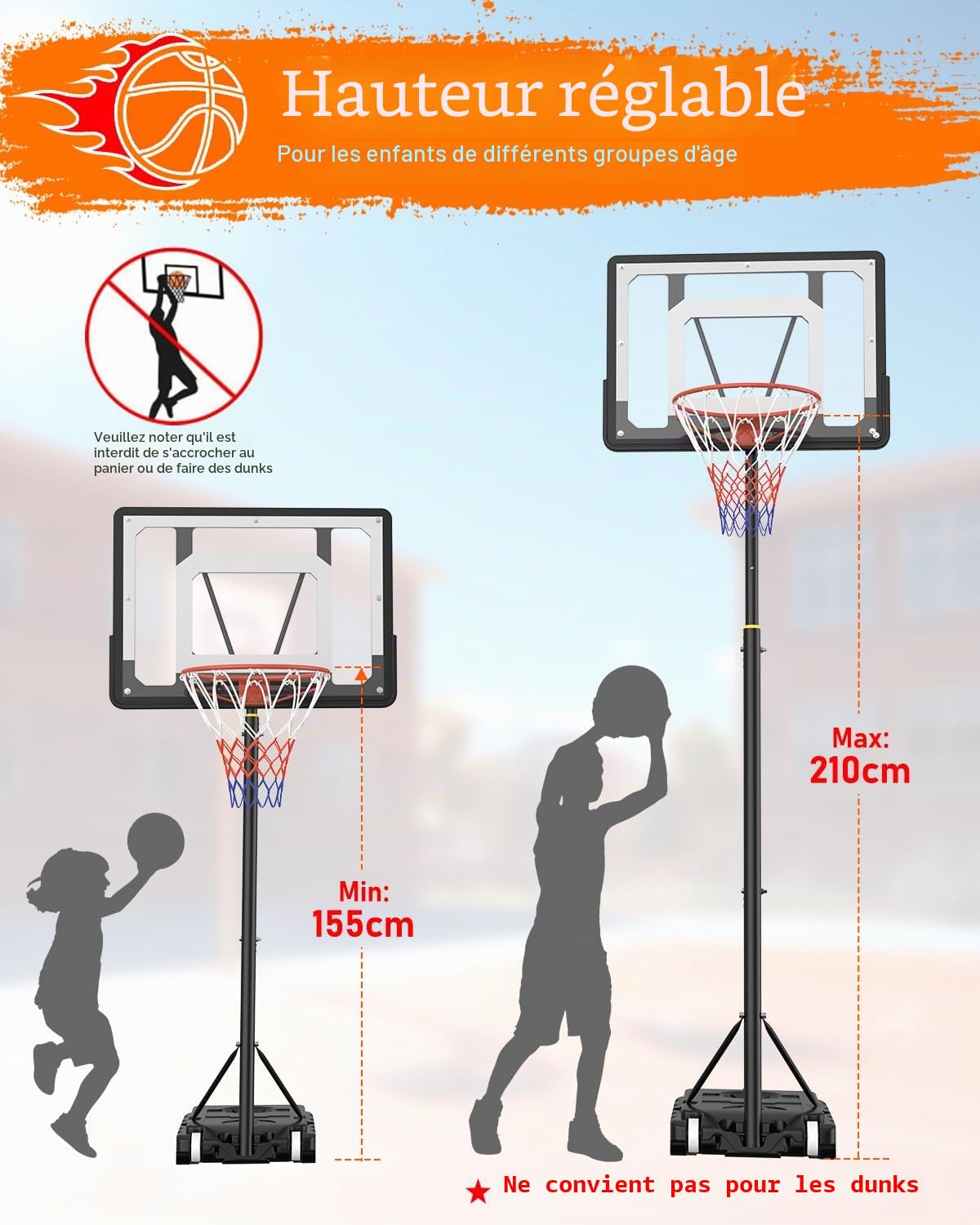 Panier de Basket Portable Intérieur/Extérieur- Réglable (1.5m-2.1m) avec Panneau Incassable 84cm - Roues de Transport - pour Enfants/Ados/Jeunes - Polycarbonate Renforcé