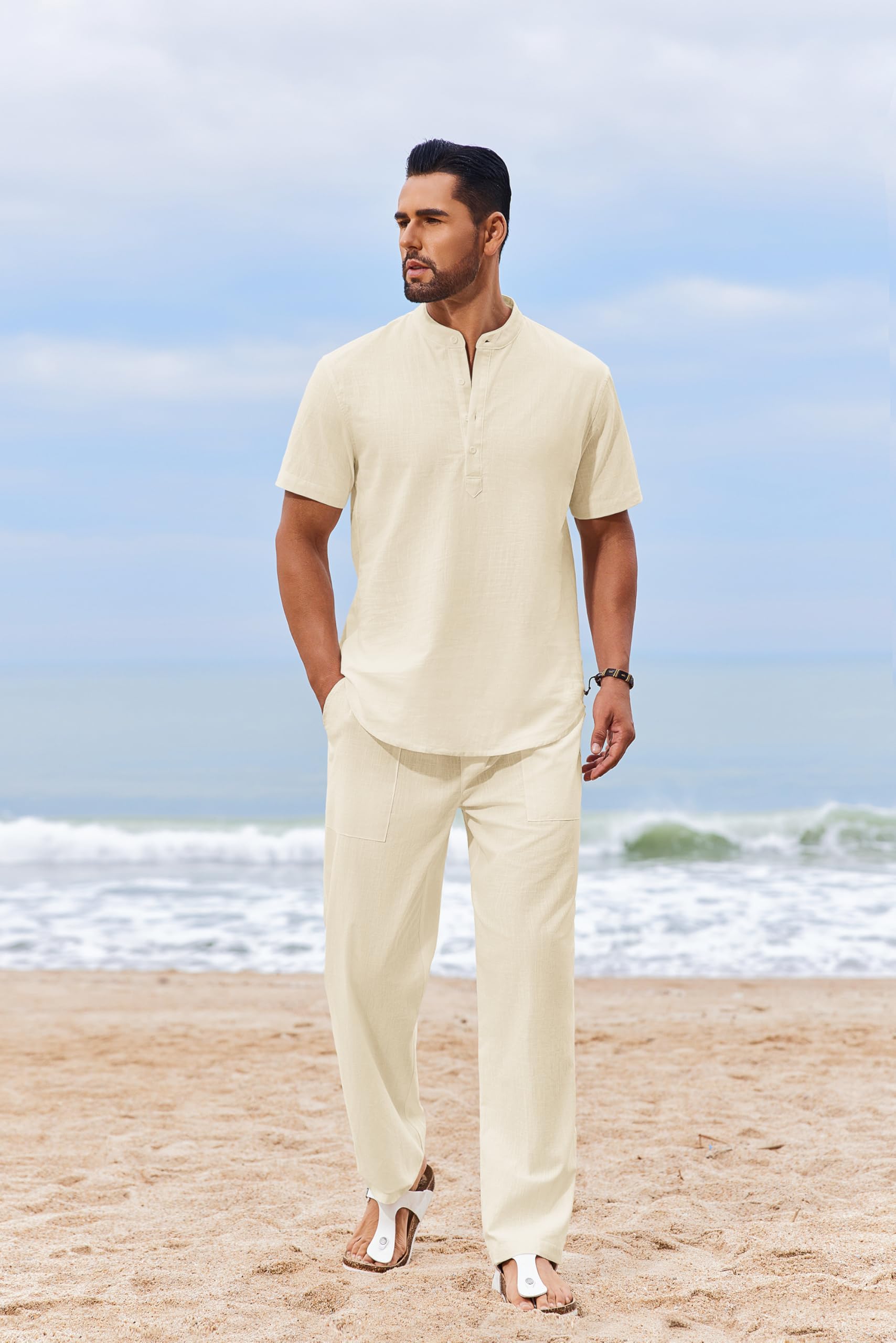 COOFANDY 2-teiliges Herren-Set, Baumwolle, lässig, kurzärmelig, Henley-Shirts und Strandhosen mit Taschen, Sommerurlaub-Outfits