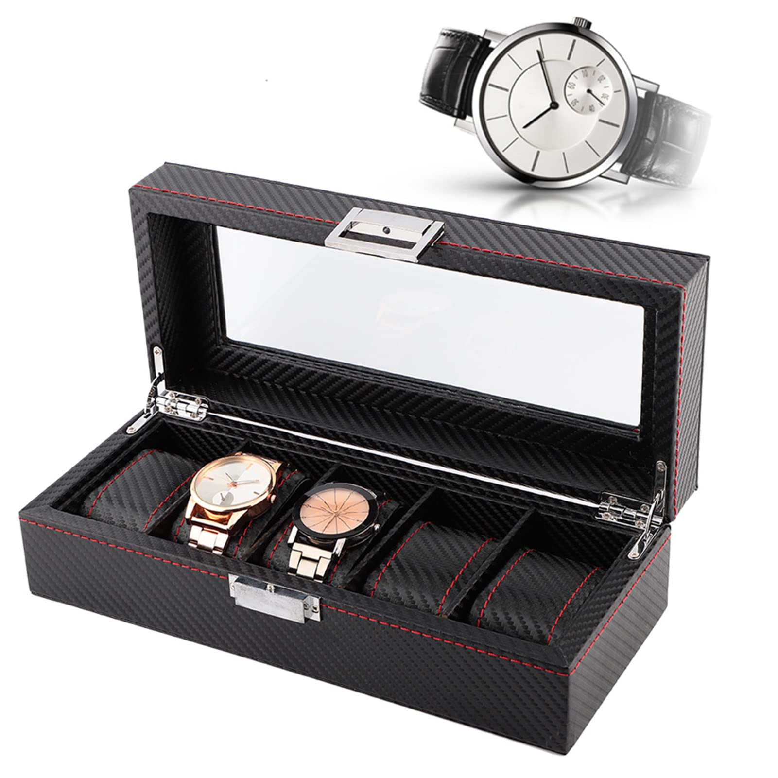 Caja para relojes de 5 compartimentos, estuche para relojes de fibra de carbono con costuras rojas, organizador de joyería de viaje para hombres y mujeres, almacena 5 relojes de