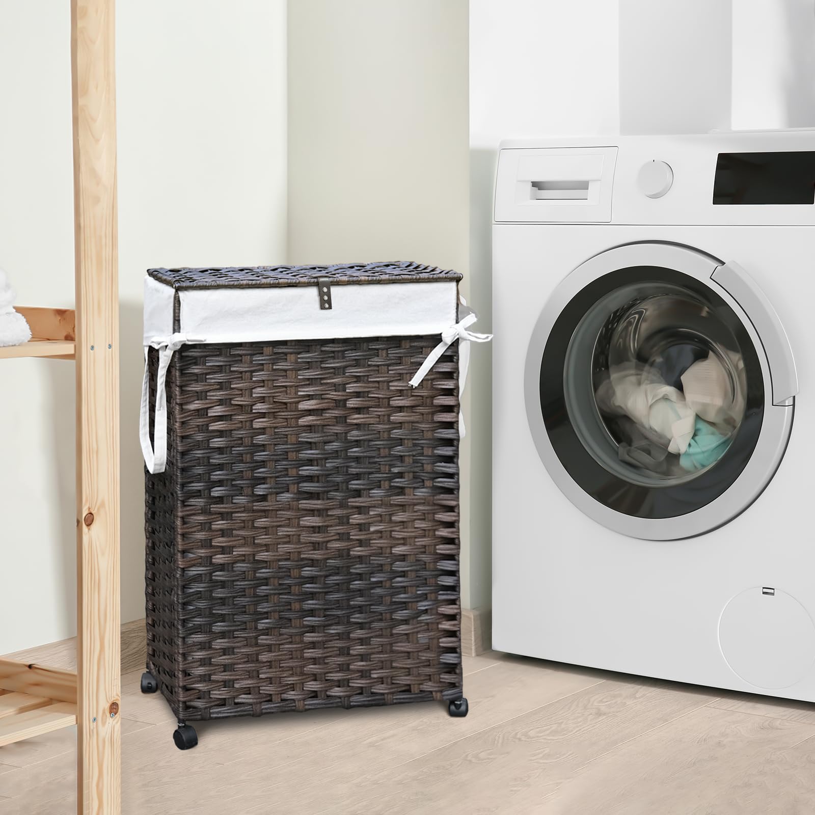 70L Slim Laundry Hamper with Lid & Wheels, 2-teiliger Rollwäschekorb mit 4 herausnehmbaren Auskleidungsbeuteln & 3 Netztaschen, schmaler schmutziger Wäschekorb, faltbarer handgewebter