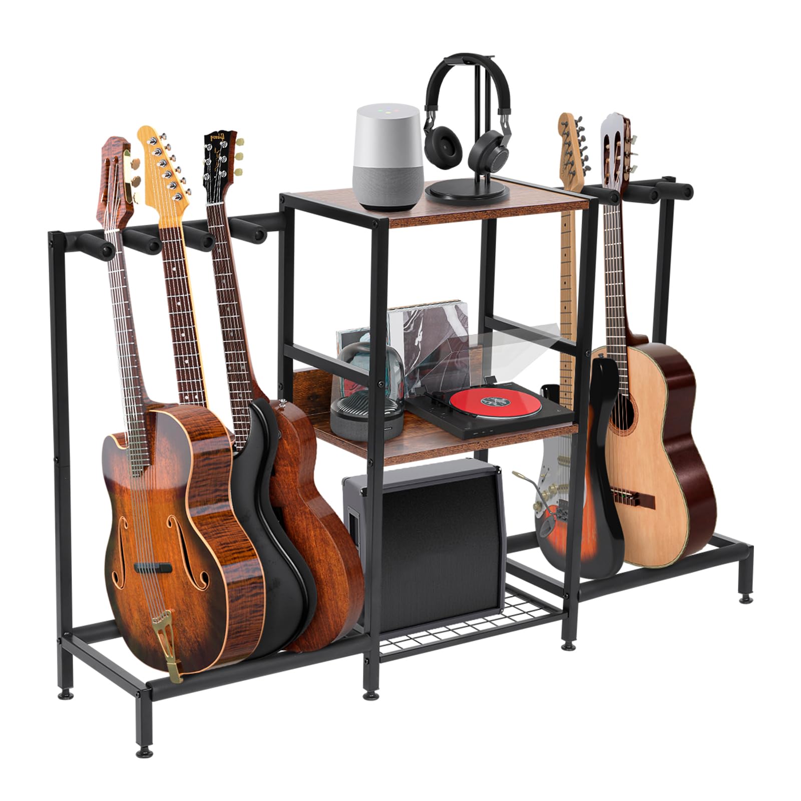 Nisorpa Gitarrenständer mit Ablagefach, Holz, Multi-Gitarrenständer für Akustik-Bass, E-Gitarre, 28 x 128 x 73 cm, Schwarz und Kaffeebraun