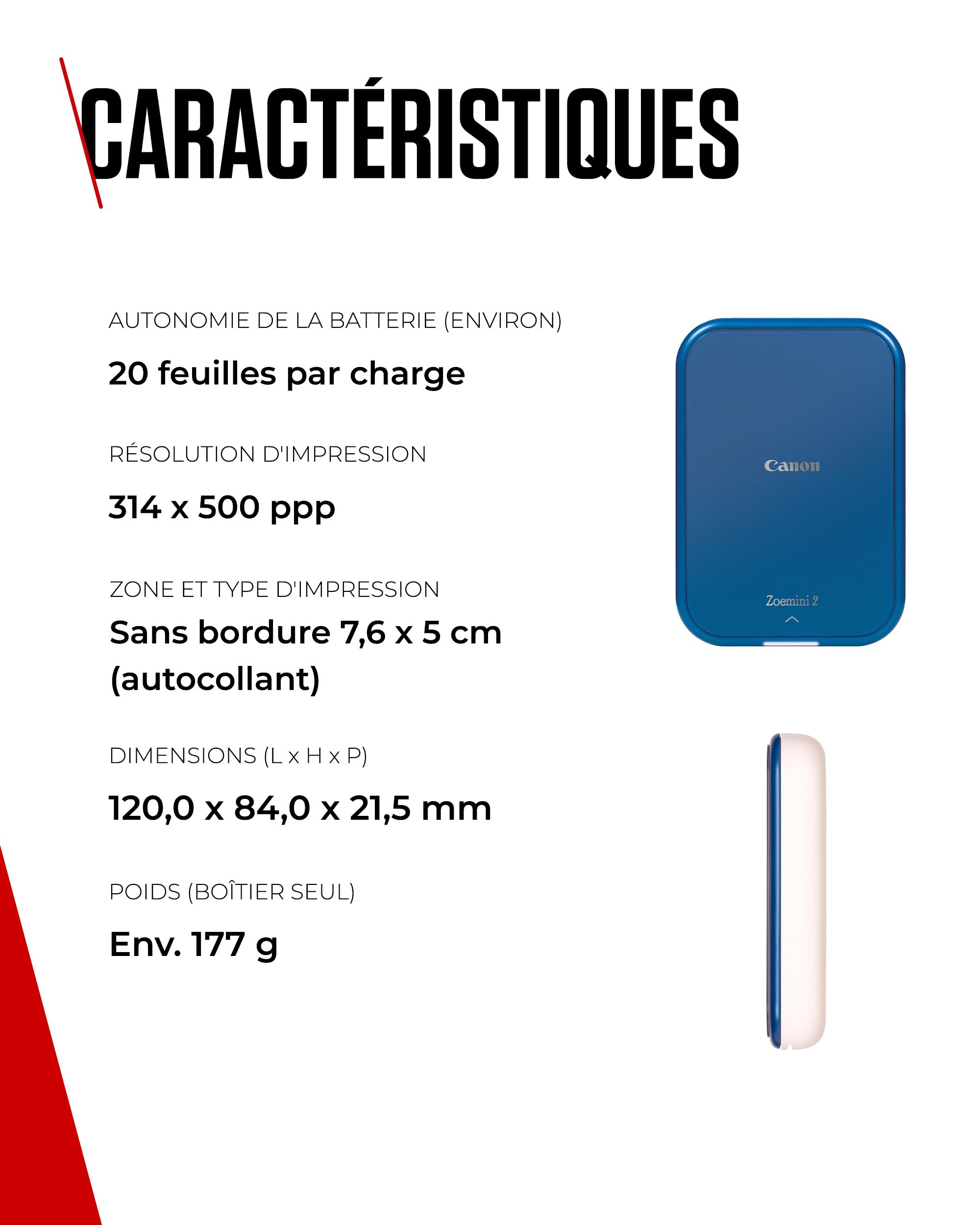 Canon Zoemini 2 Imprimante Photo Portable Bluetooth USB-C Rechargeable, Kit avec 20 Feuilles Autocollantes ZP-2030 + 10 Feuilles Circulaires 3,3 cm Zink, Bleu