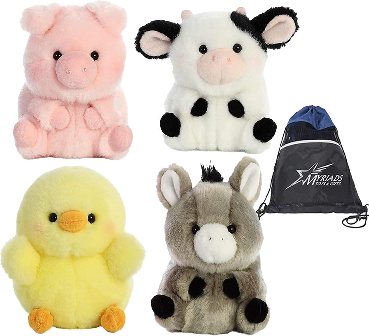 aurora5" Plush Rolly Pets Farmyard Plushie 4 Pack: Chickadee Chick, Prankster Pig, Daisy Cow, and Bray Donkey, with Drawstring Bag